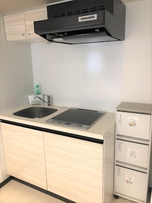 Quarto casal básico, para não fumantes, sacada | Cozinha privada | Geladeira, micro-ondas, cooktop, chaleira elétrica