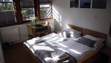 Un dormitorio con cama, escritorio y radiador.