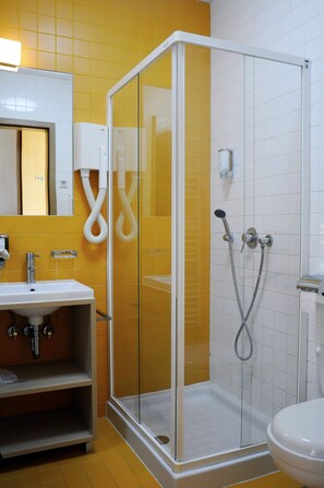 Hair dryer, slippers, towels, toilet paper