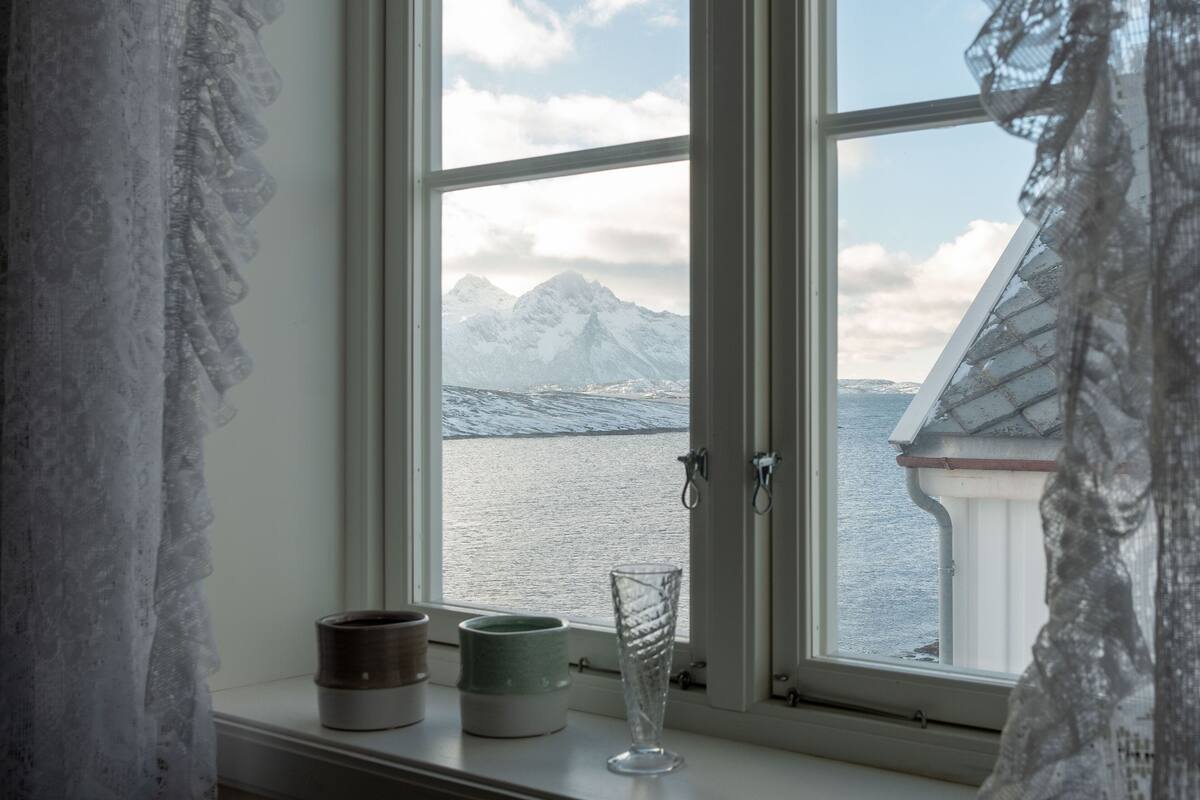 A window with a view of mountains and a body of water.