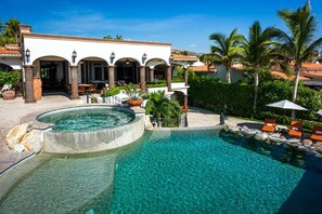 Outdoor pool, pool umbrellas, sun loungers