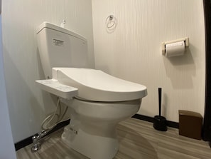 A modern toilet with a control panel, a toilet paper holder, and a bidet attachment.