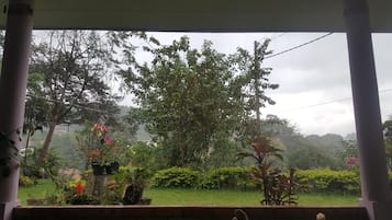 A covered outdoor area with a view of a lush garden and trees.