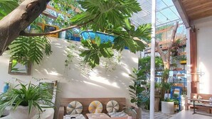 A sunlit indoor space with a wooden bench, potted plants, and a wall with a geometric pattern.