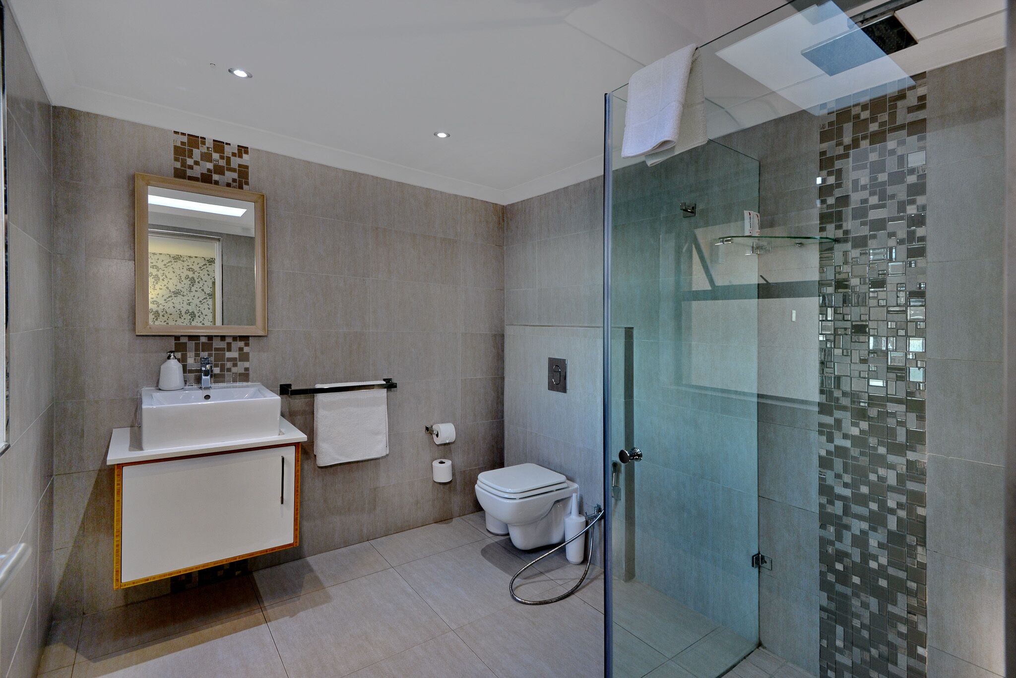 Een moderne badkamer met een douchecabine van glas, een witte wastafel en een toilet.