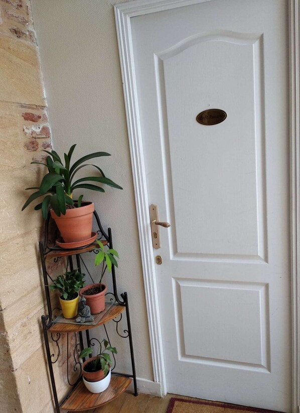 A white door with a brass handle and a small oval window. To the left, a brick wall and a metal plant stand with multiple potted plants.