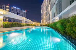 Outdoor pool, pool umbrellas, pool loungers