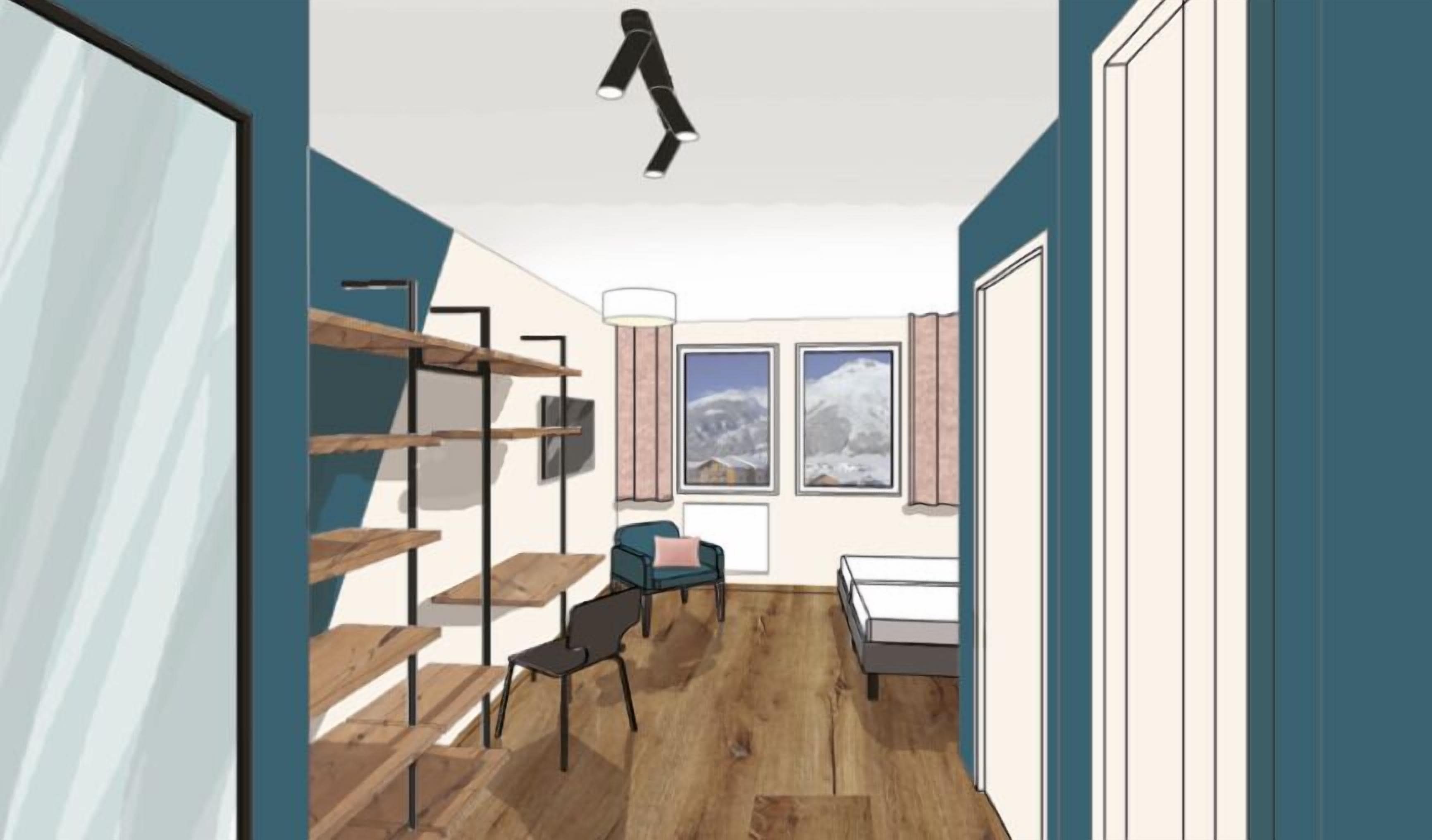 A modern room with a wooden floor, a desk, a chair, a sofa, and a bed. There are two windows with mountain views and a ceiling light.
