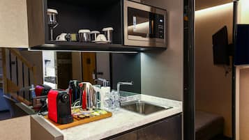 Mini-fridge, microwave, espresso maker, coffee/tea maker