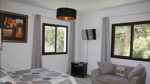 Un dormitorio con cama, sofá, televisor y ventanas amplias.