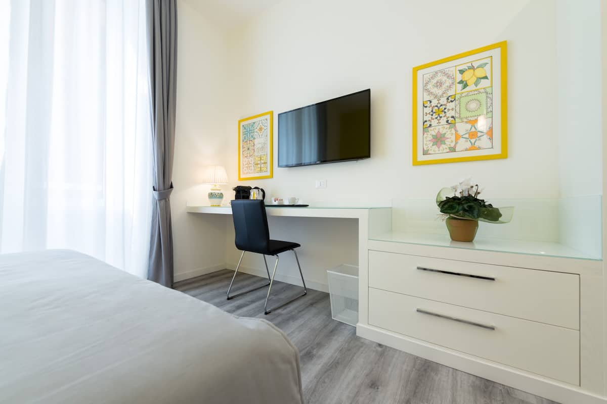Une chambre d’hôtel avec un lit, un bureau et une chaise, une télévision et une plante en pot.