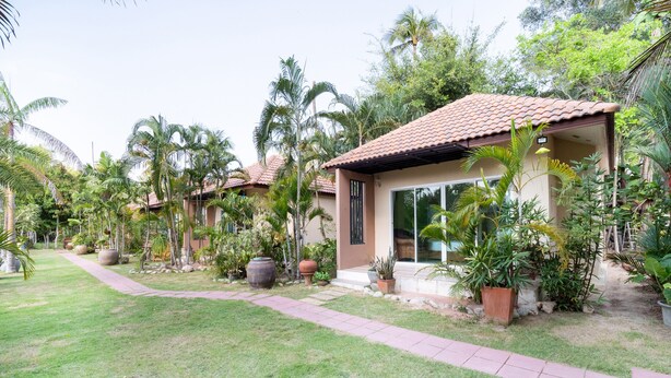 Una propiedad residencial con techo de tejas, sendero pavimentado y abundante vegetación, incluyendo palmeras y plantas en macetas.