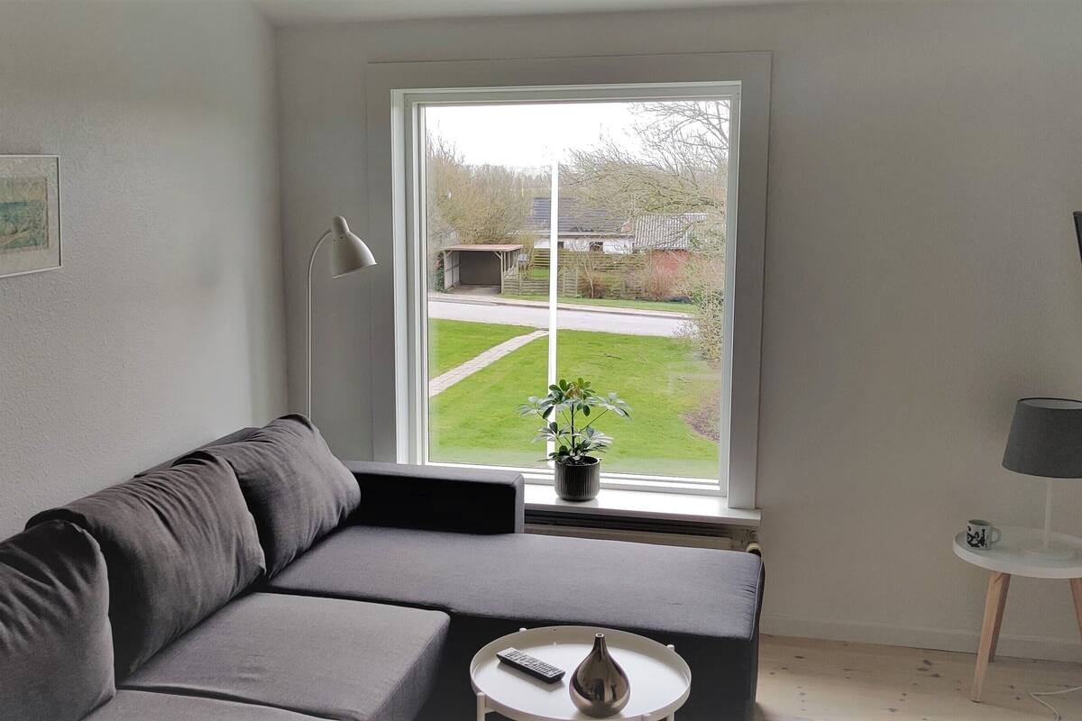 A modern living room with a grey sofa, a small round table with a vase and remote, a potted plant by the window, and a TV on the wall.
