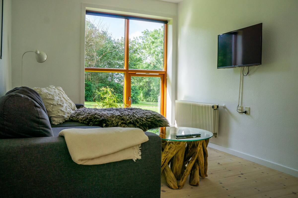 A living room with a sofa, a glass table, a mounted TV, and a window with a view of greenery.