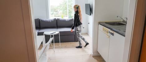 A compact living space with a sofa, a small dining table, and a kitchen area with a sink and cabinets.