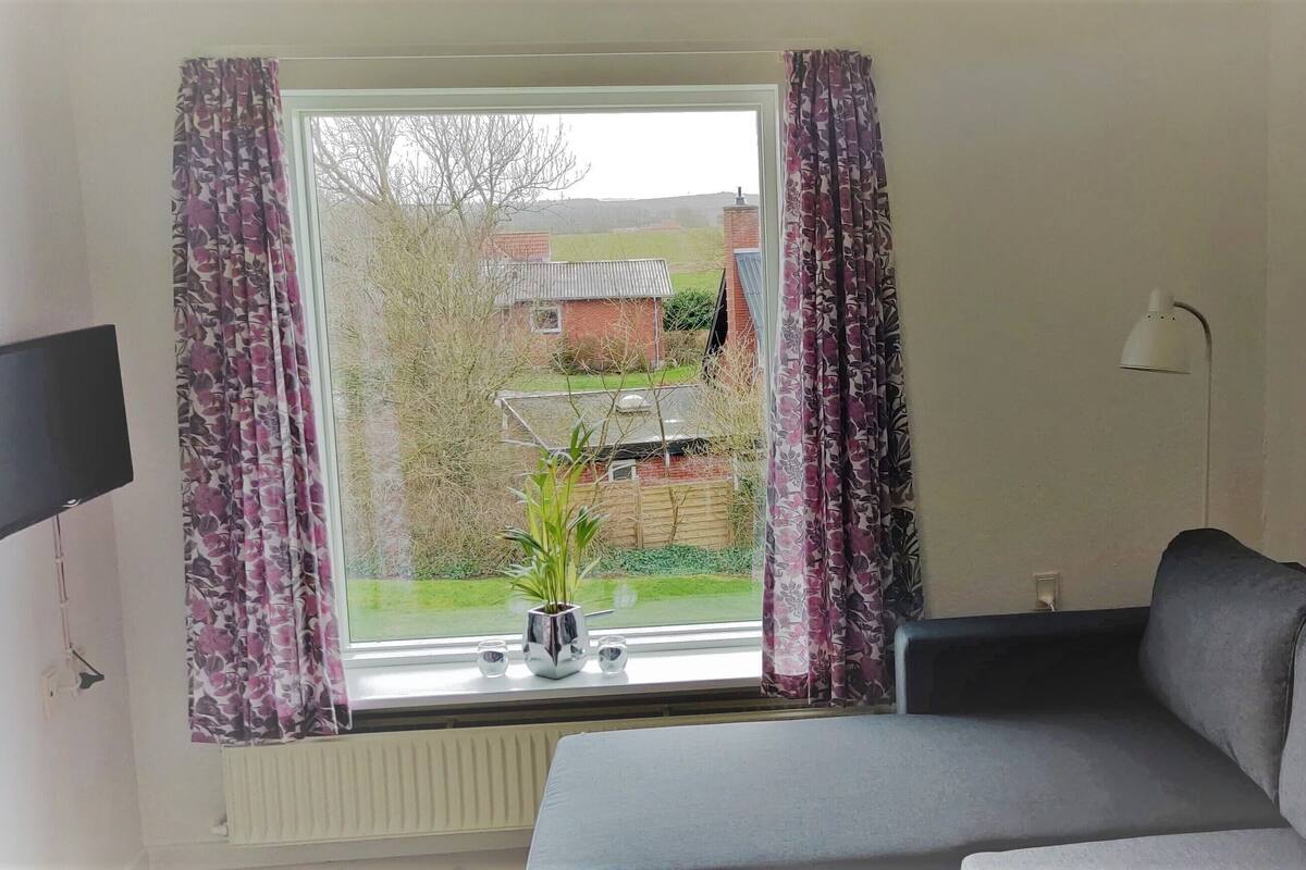 A bedroom with a large window, a grey sofa, a flat-screen TV, and a framed floral painting.