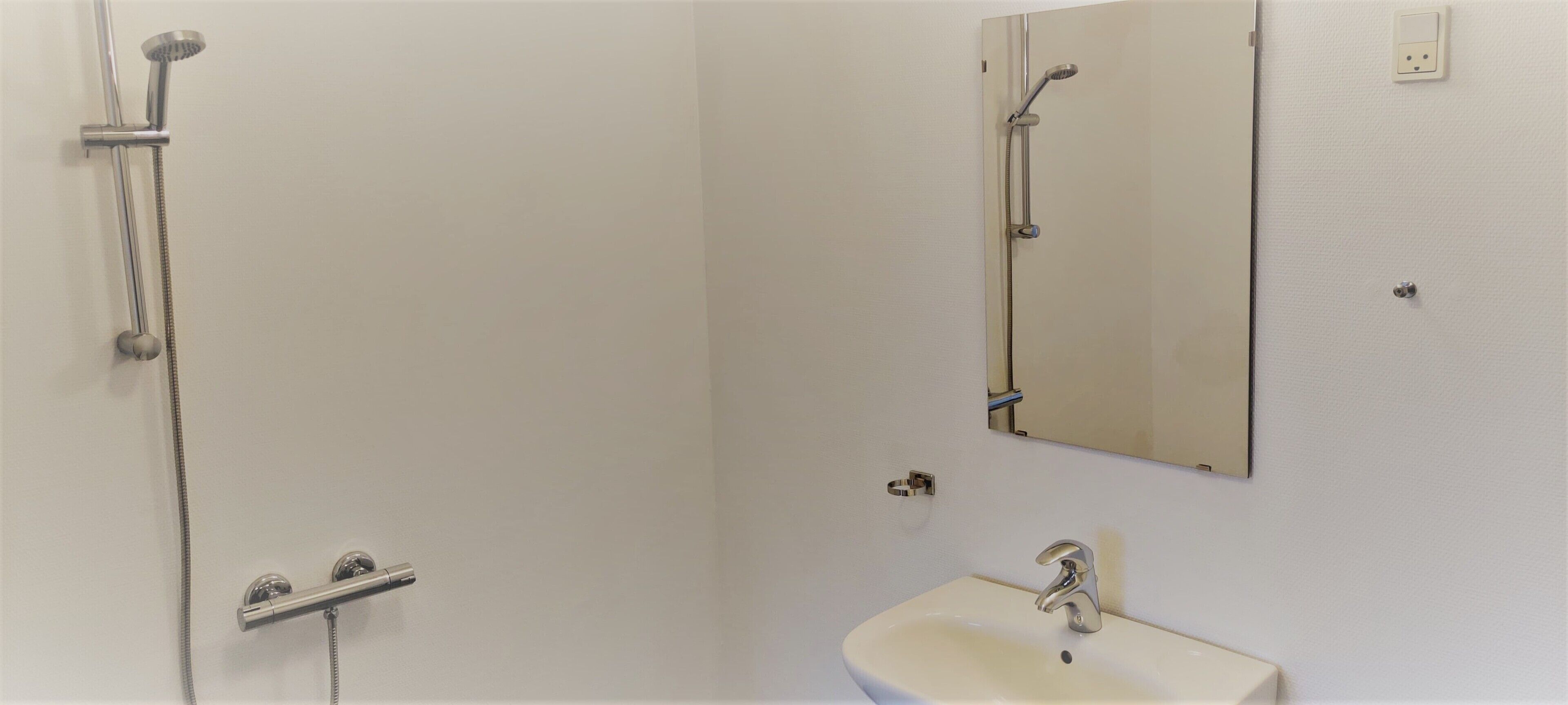 A bathroom with a shower, a sink, and a mirror.