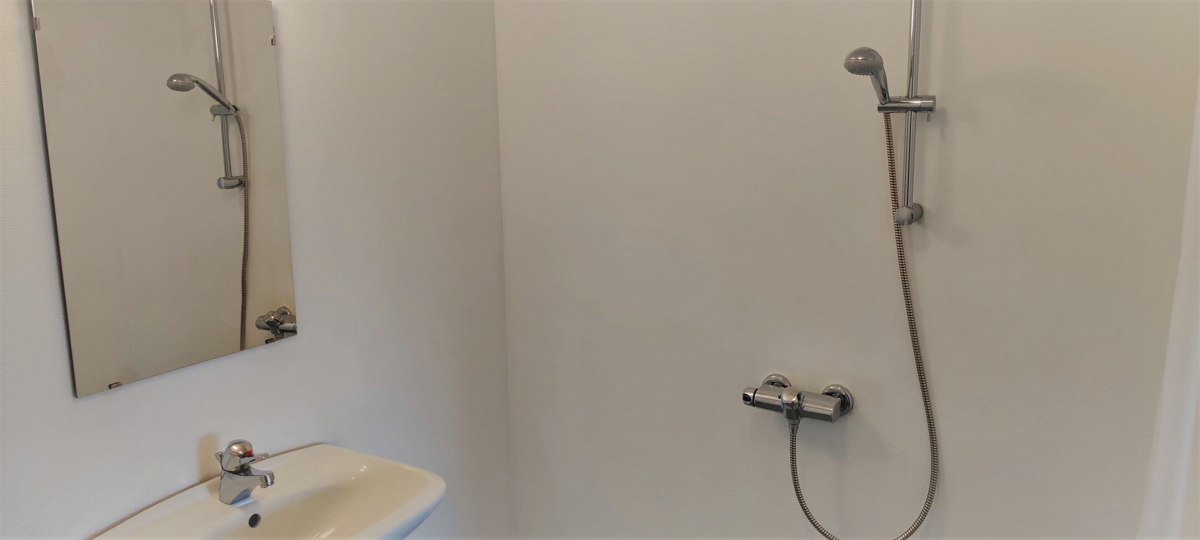 Une salle de bain équipée d’un lavabo, d’un miroir et d’une douche avec un pommeau de douche amovible.