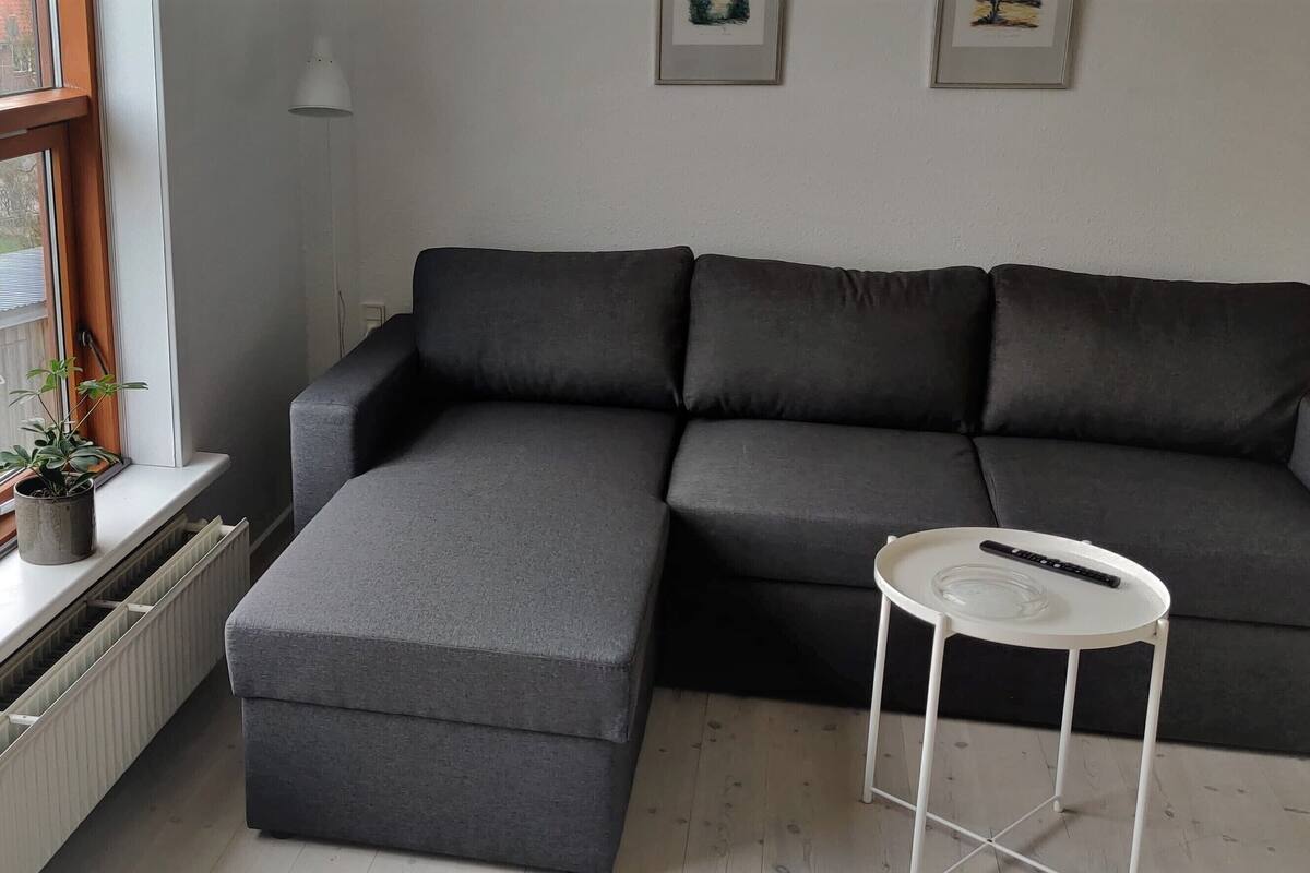 A grey sectional sofa with a matching ottoman, a small white side table, and a potted plant on a window sill.