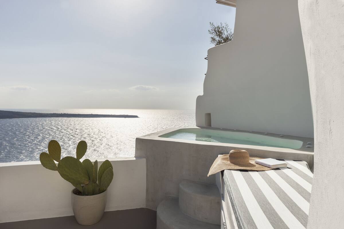 A balcony with a view of the sea, a cactus plant, a bathtub, and a striped towel.