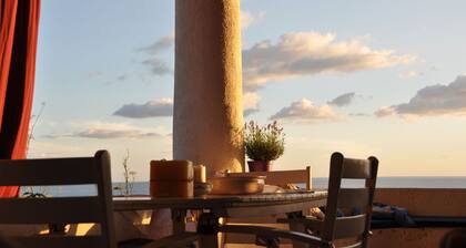 Terrace and garden overlooking Stromboli and Panarea,