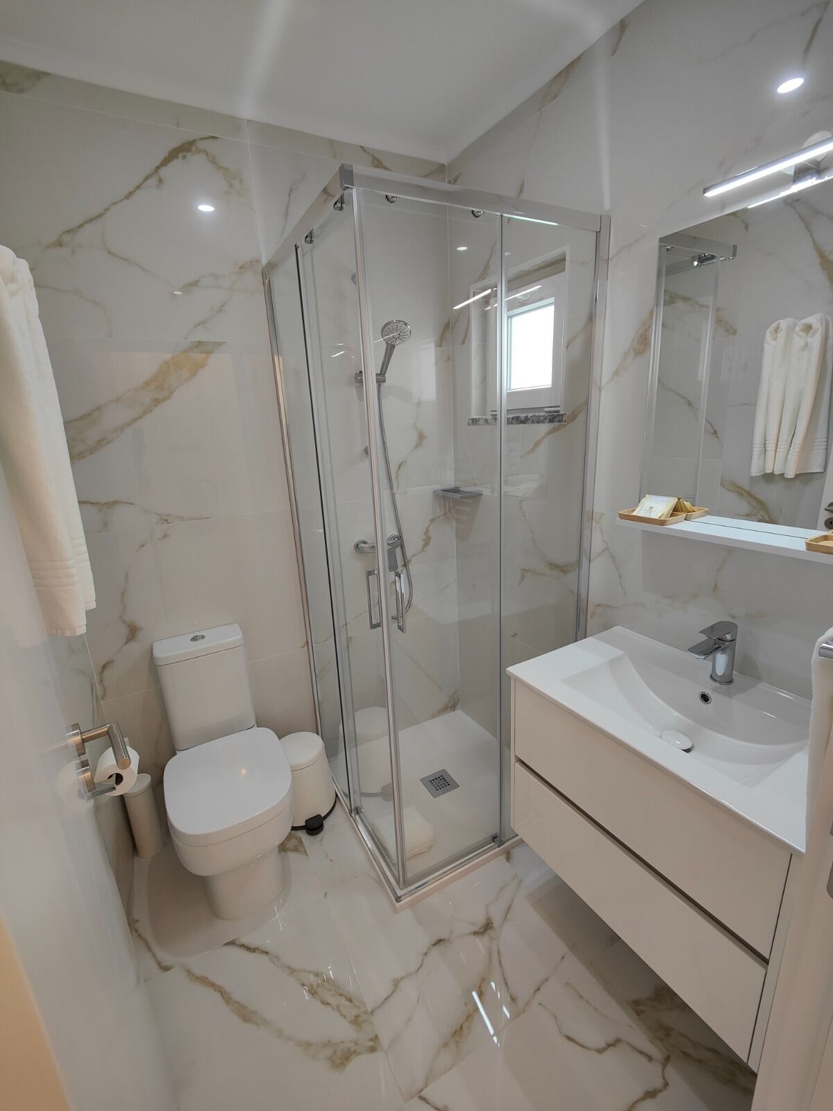 A modern bathroom with a glass-enclosed shower, a toilet, and a vanity with a sink and mirror.