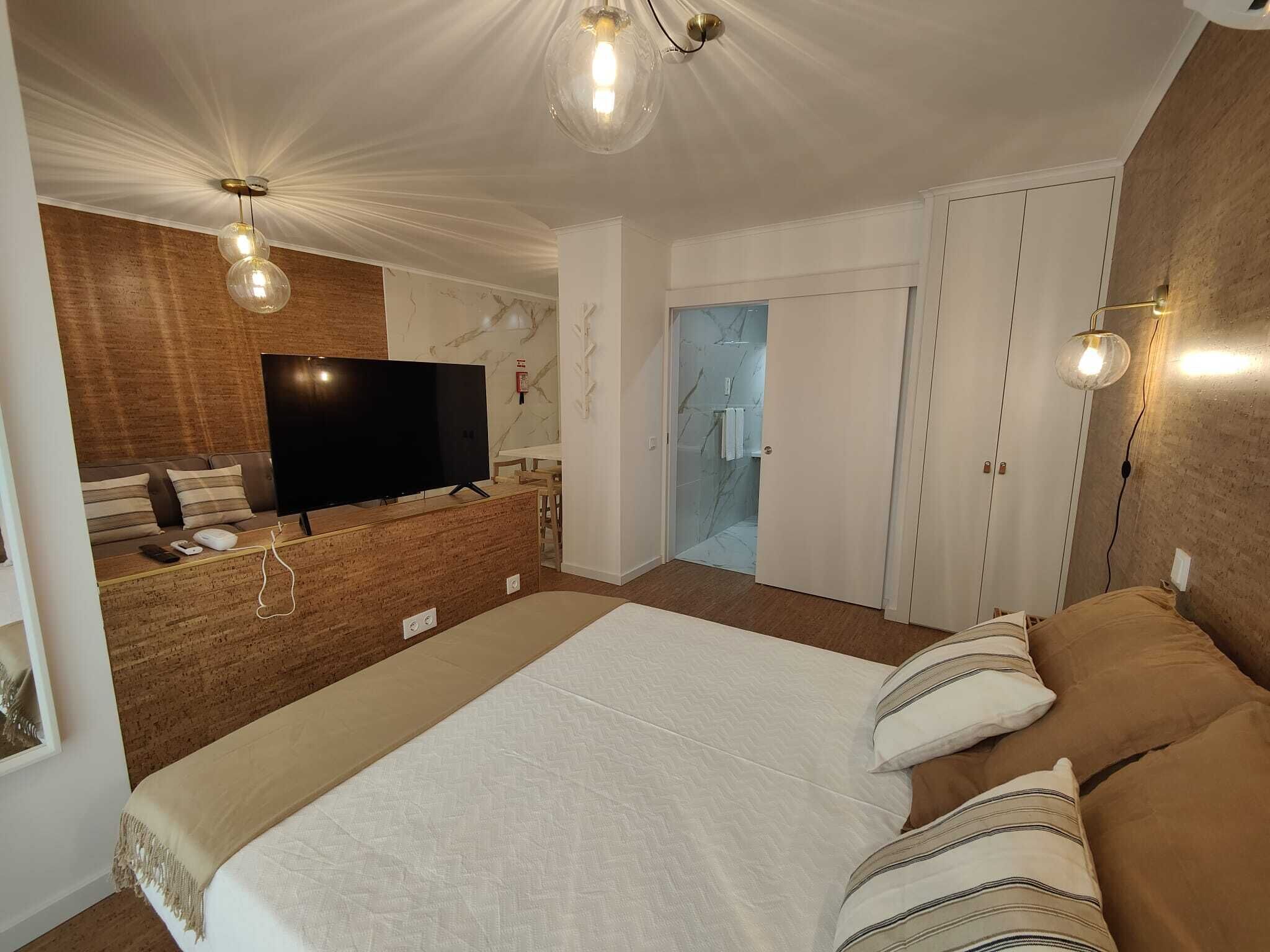 A modern bedroom with a large bed, a TV on a wooden console, a walk-in closet, and a bathroom with a shower.