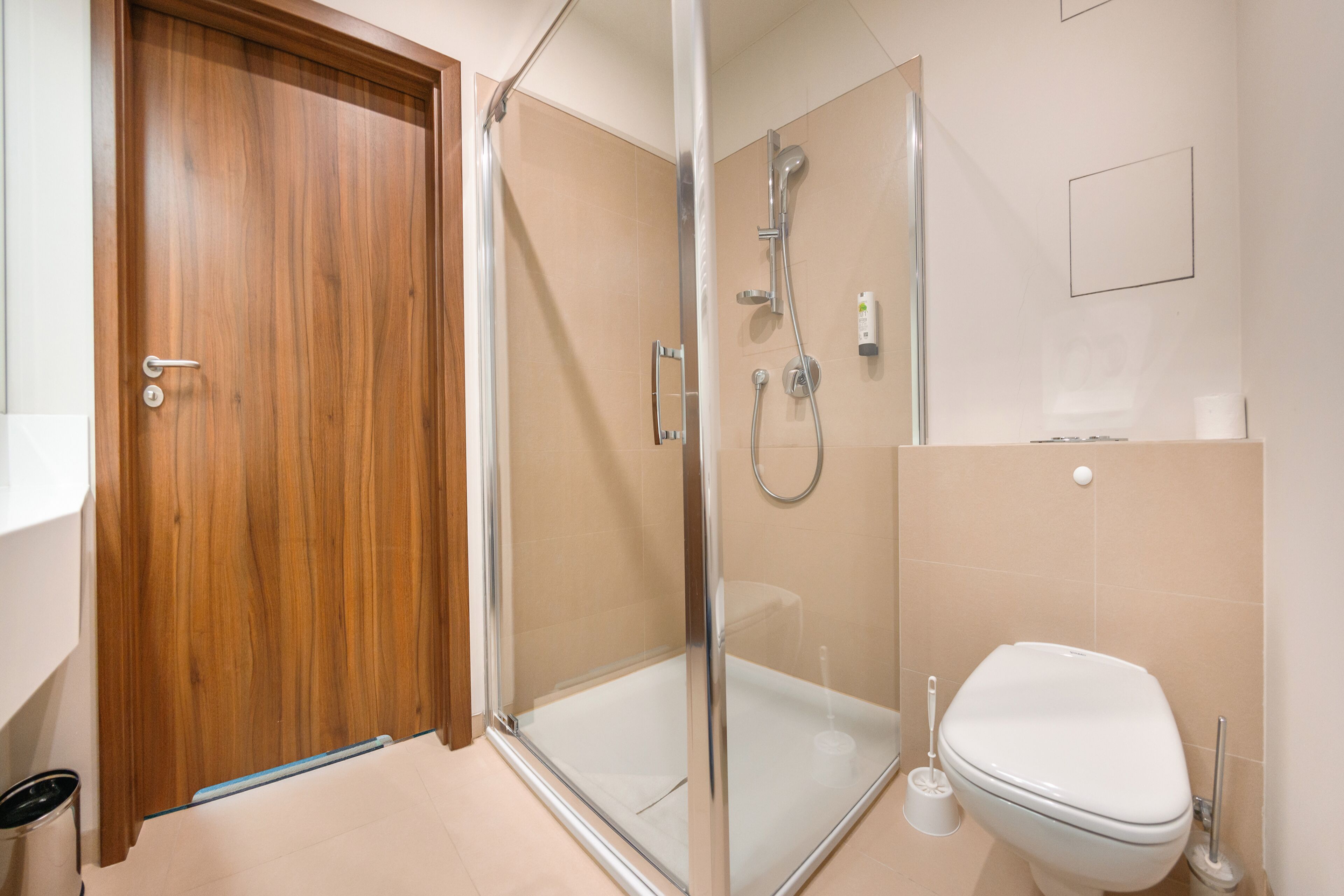 A modern bathroom with a wooden door, a glass shower enclosure, a toilet, and a sink.