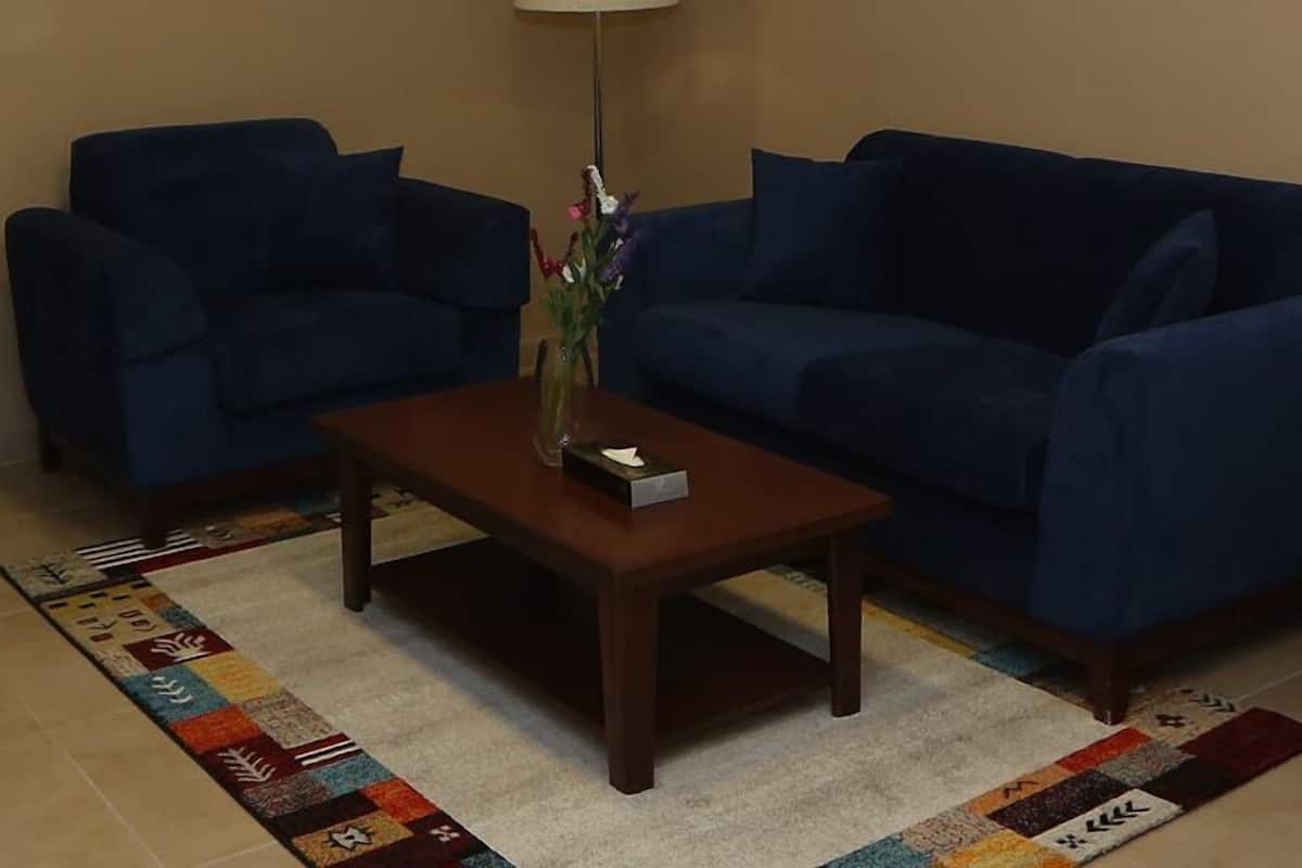 A living room with two blue sofas, a coffee table, a side table with a lamp, and a patterned rug.