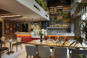 A modern bar area with seating, a bar counter, and a variety of plants.
