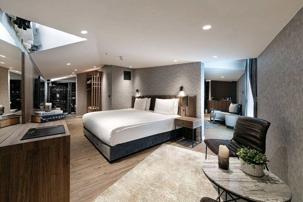 A modern hotel room with a large bed, bedside tables, a desk, a chair, and a small table with a plant.