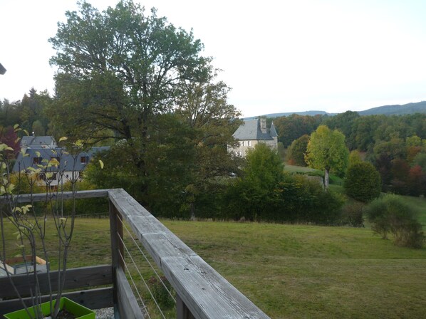 Vista de un gran árbol y un edificio de piedra en un entorno rural.