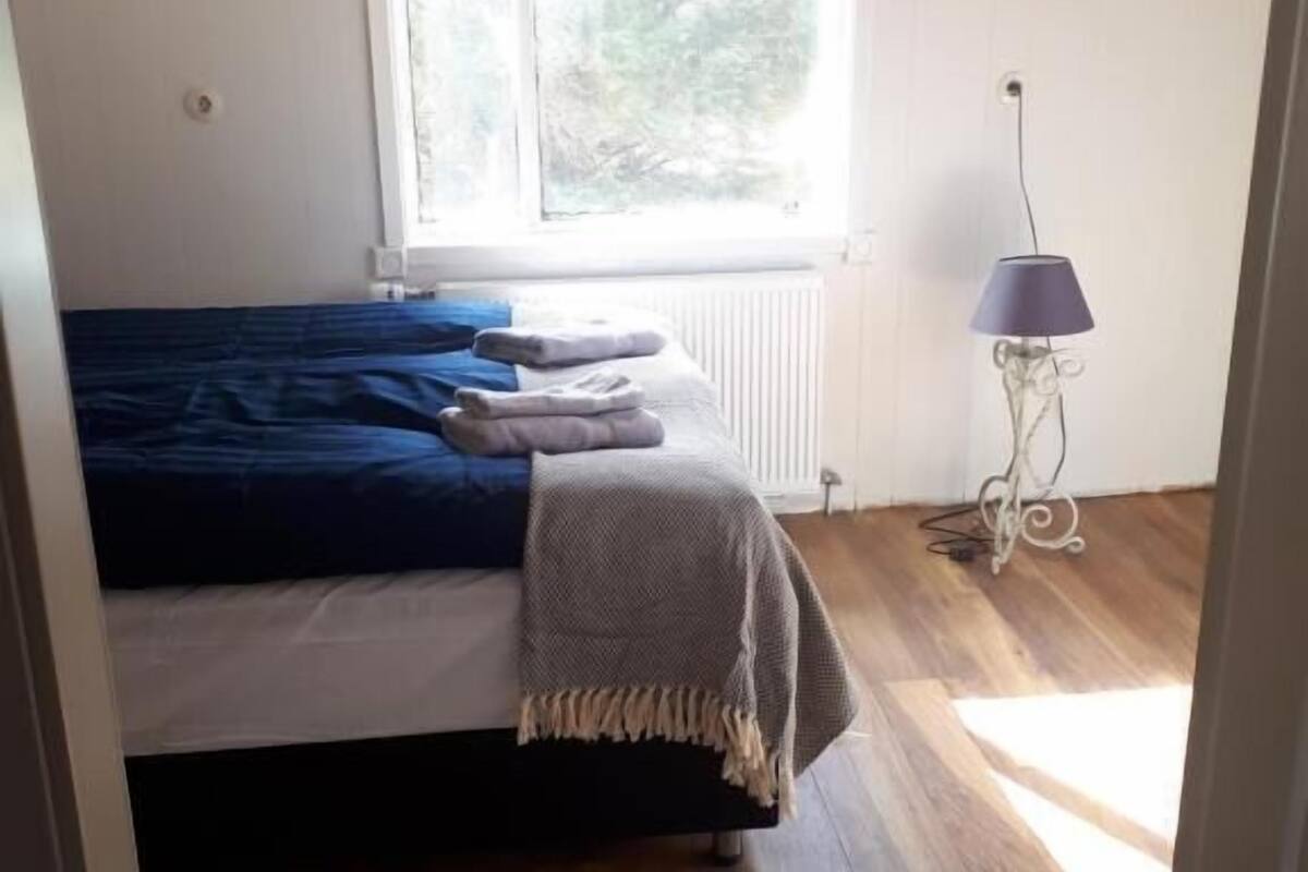 A bedroom with a bed, a window, a radiator, and a lamp.