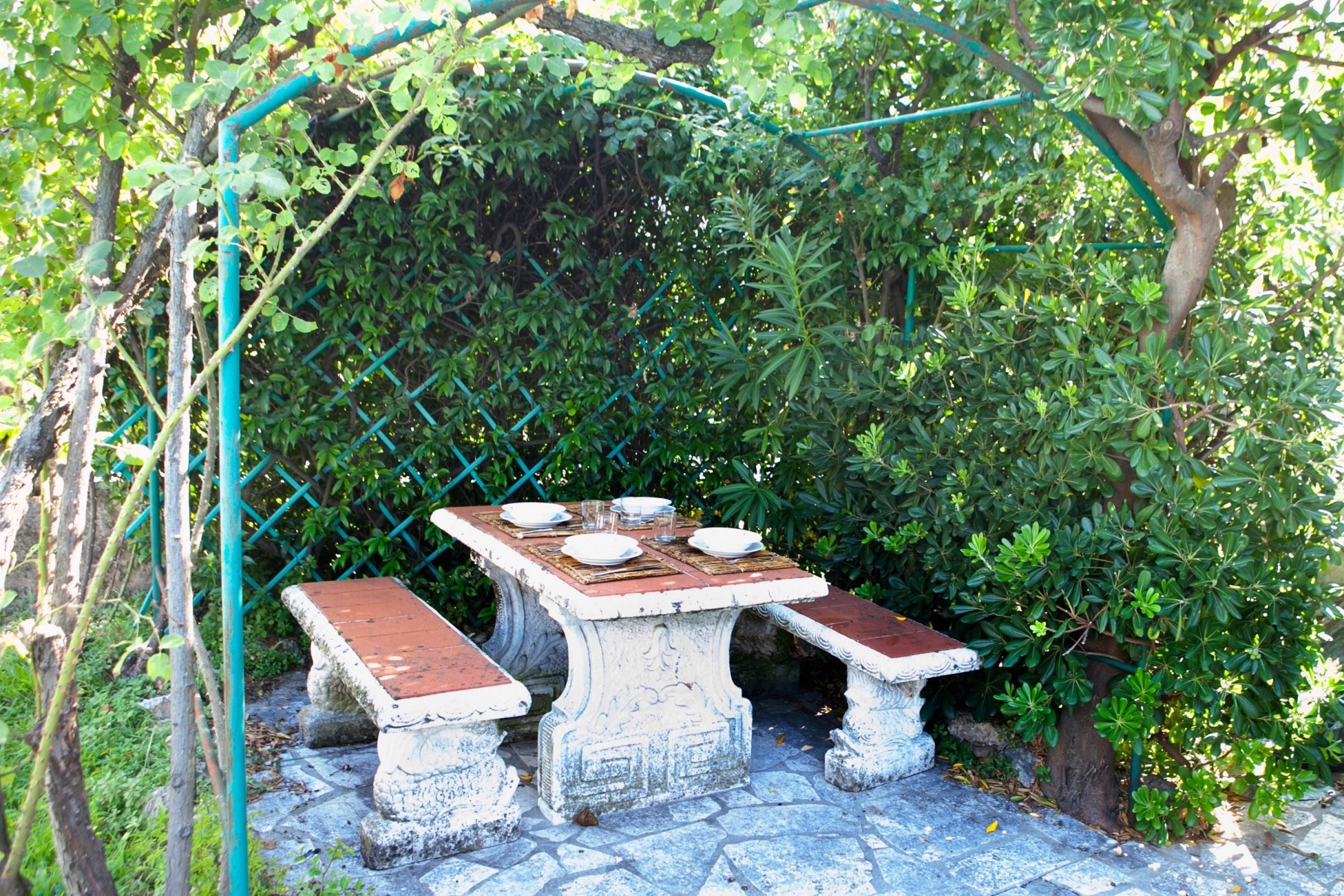 A stone table with benches, surrounded by greenery and a blue trellis.