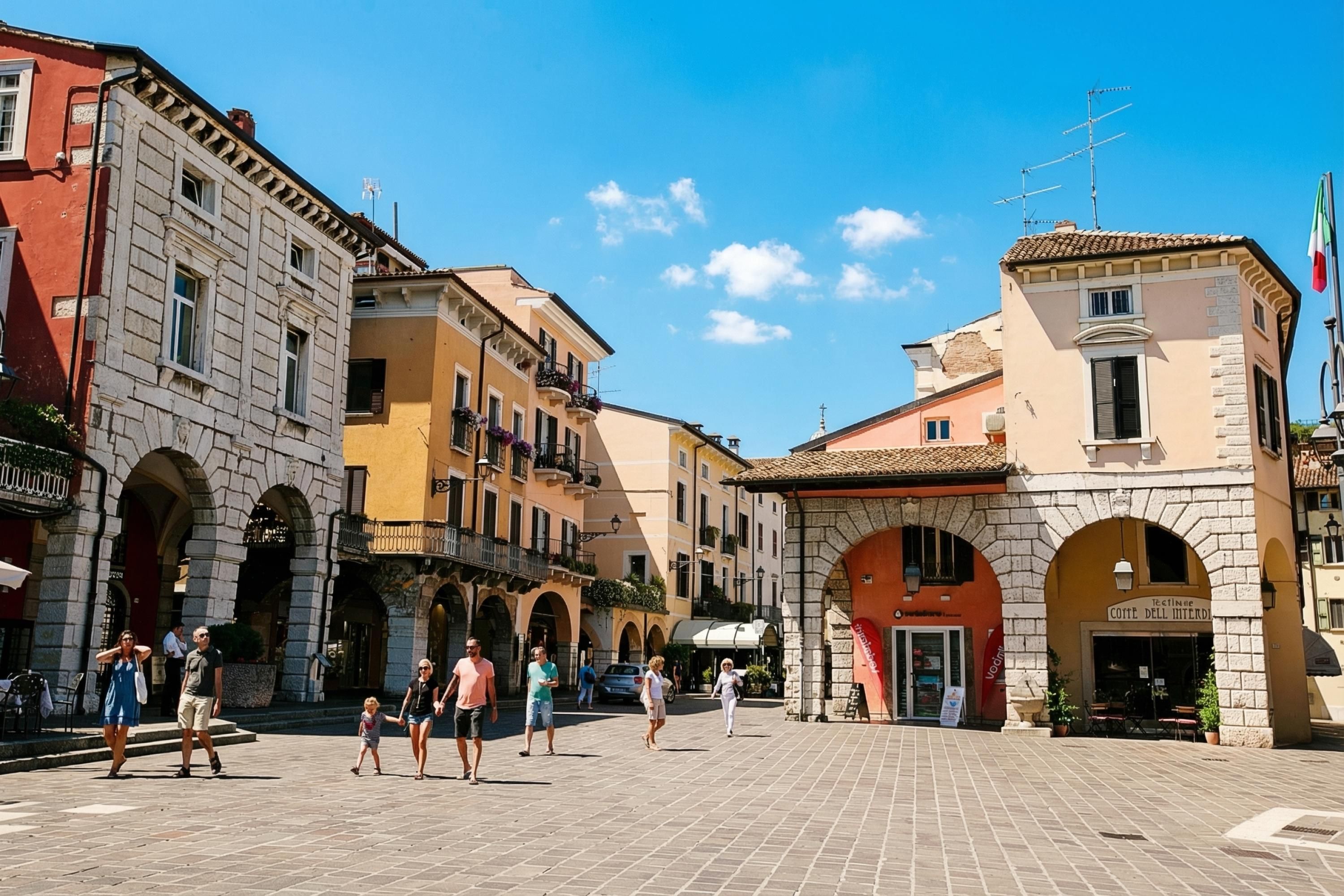 Una plaza histórica con edificios de piedra, un café y un letrero que dice 'Caffè dell'Idrisio'.