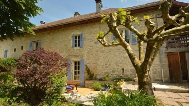 A stone house with a tiled roof, a small garden with a tree and potted plants, and a wooden door. - J&G House (Saint-Pierre-de-Curtille)