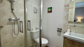 A bathroom with a glass-enclosed shower, a toilet, a sink with a mirror, and a small trash bin.
