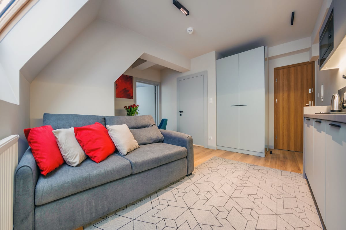A modern living room with a grey sofa, red and white cushions, a geometric patterned rug, and a wooden door.