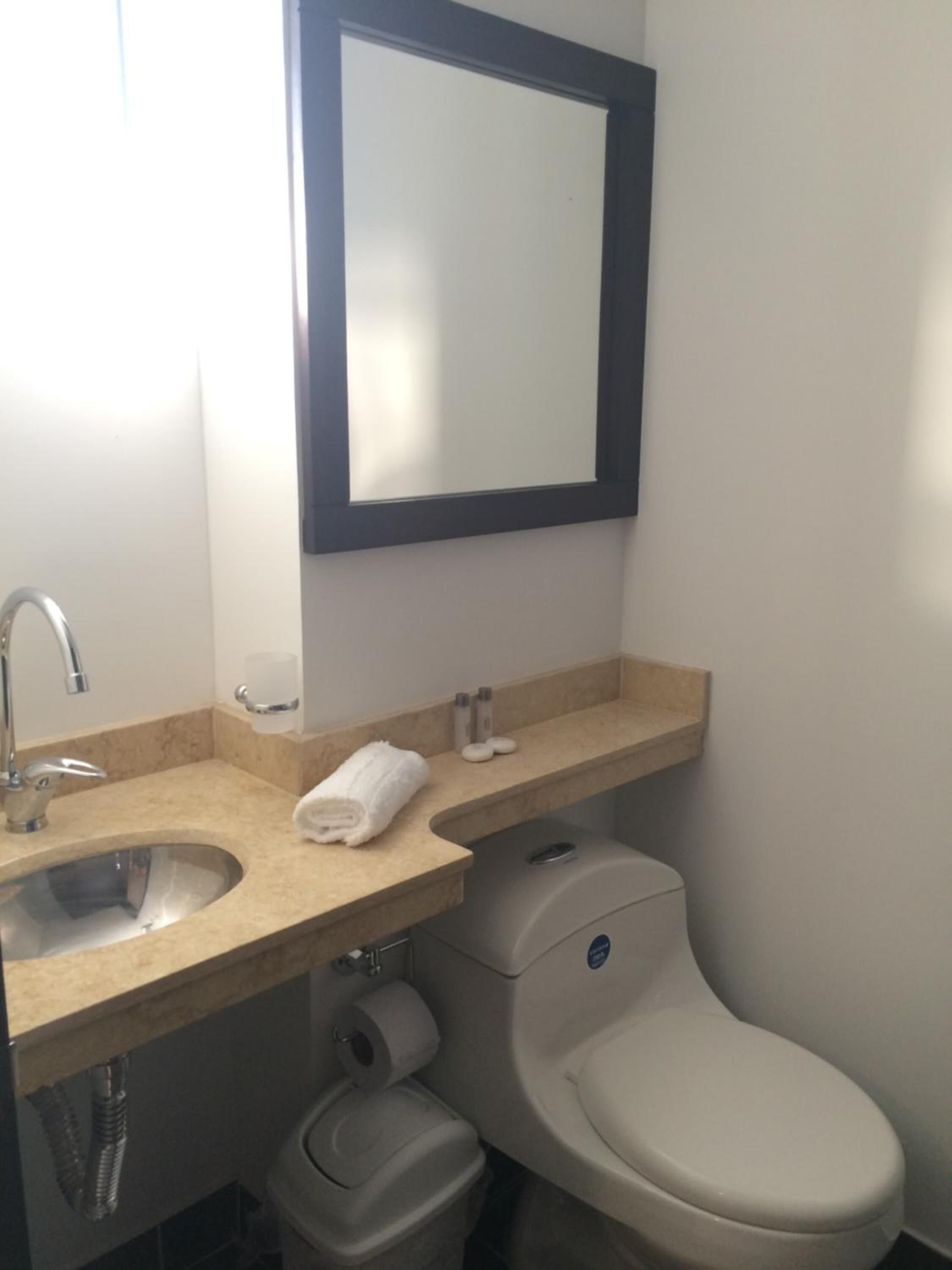 Un baño con lavabo, espejo, inodoro y toallero.