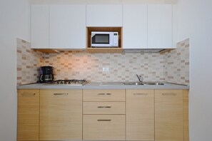 Fridge, microwave, stovetop, coffee/tea maker