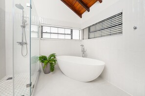 Bathtub, hair dryer, bidet, towels