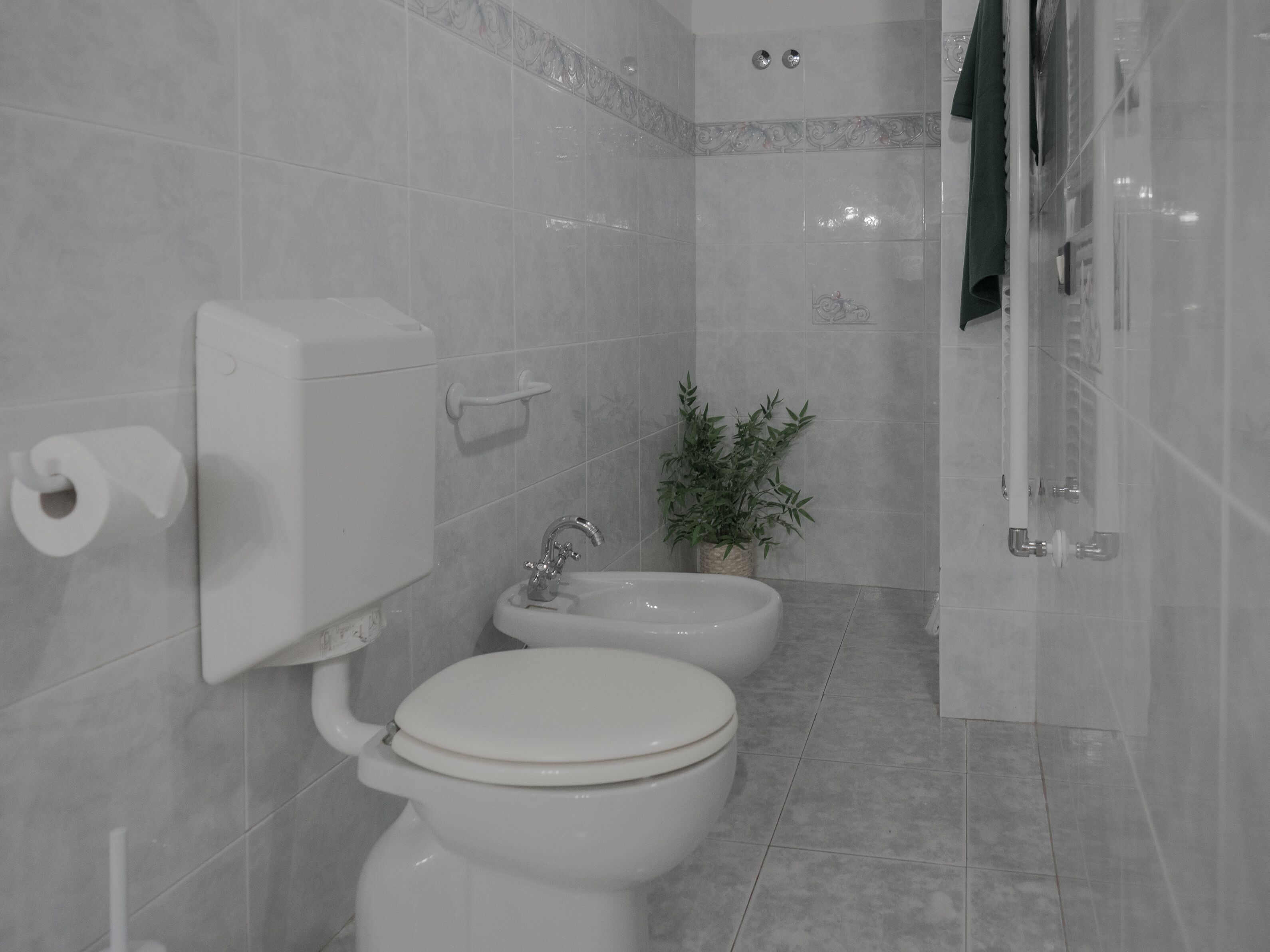 A modern bathroom with a toilet, bidet, and shower.