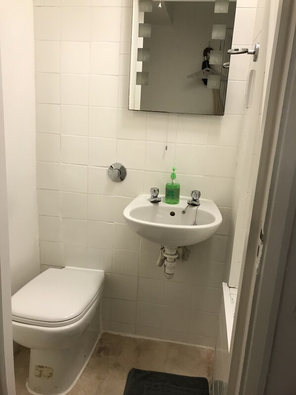 A small bathroom with a white toilet, a white sink, and a mirror above the sink.