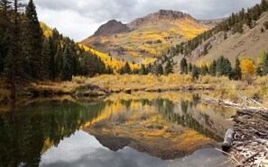 Un paysage de montagne avec un lac aux eaux claires dans lequel se reflètent les arbres et les montagnes.