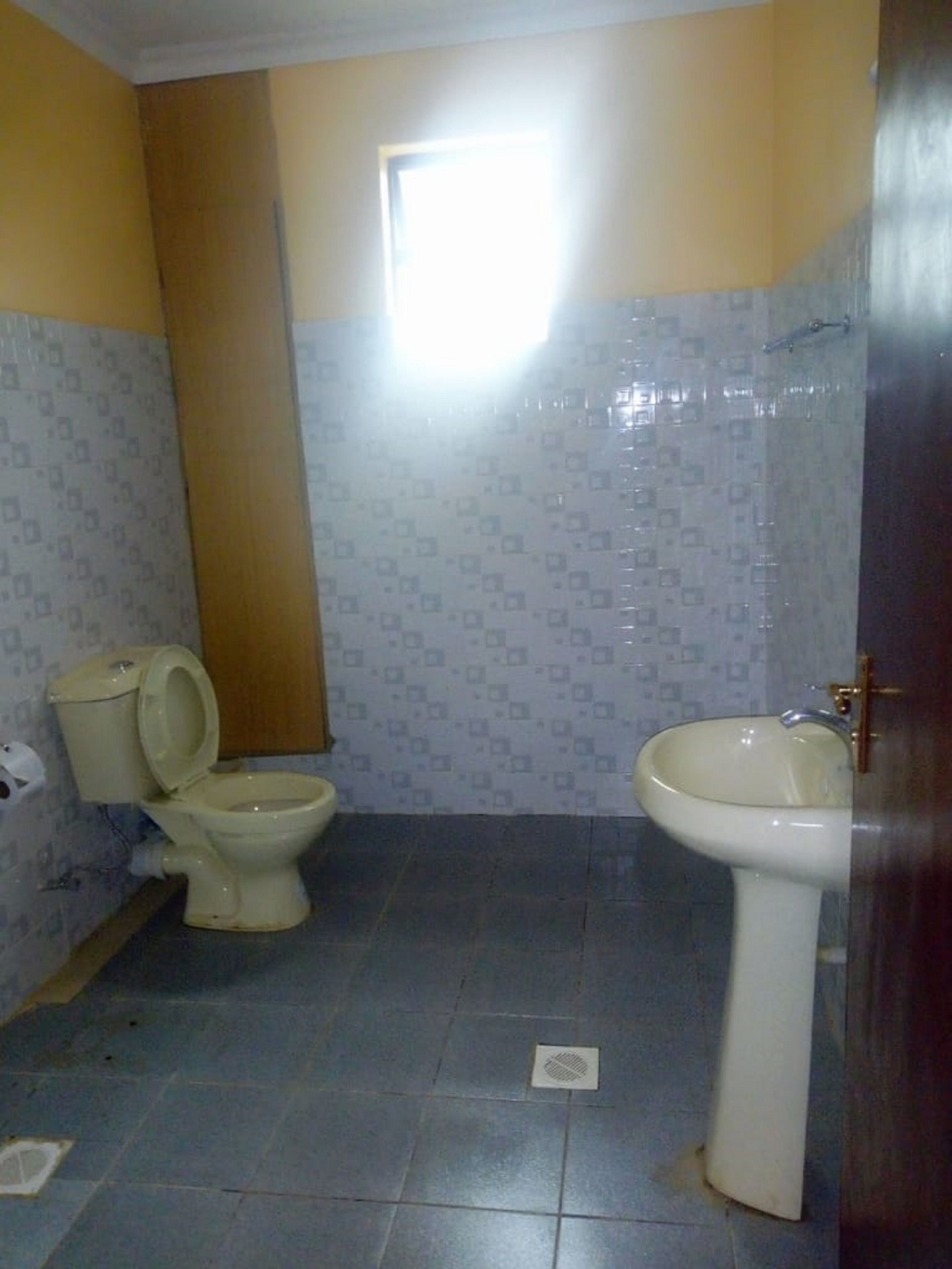 A bathroom with a toilet, sink, and patterned tiles.