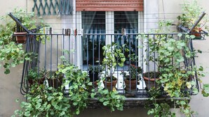 Un balcón con plantas en macetas y baranda de metal.