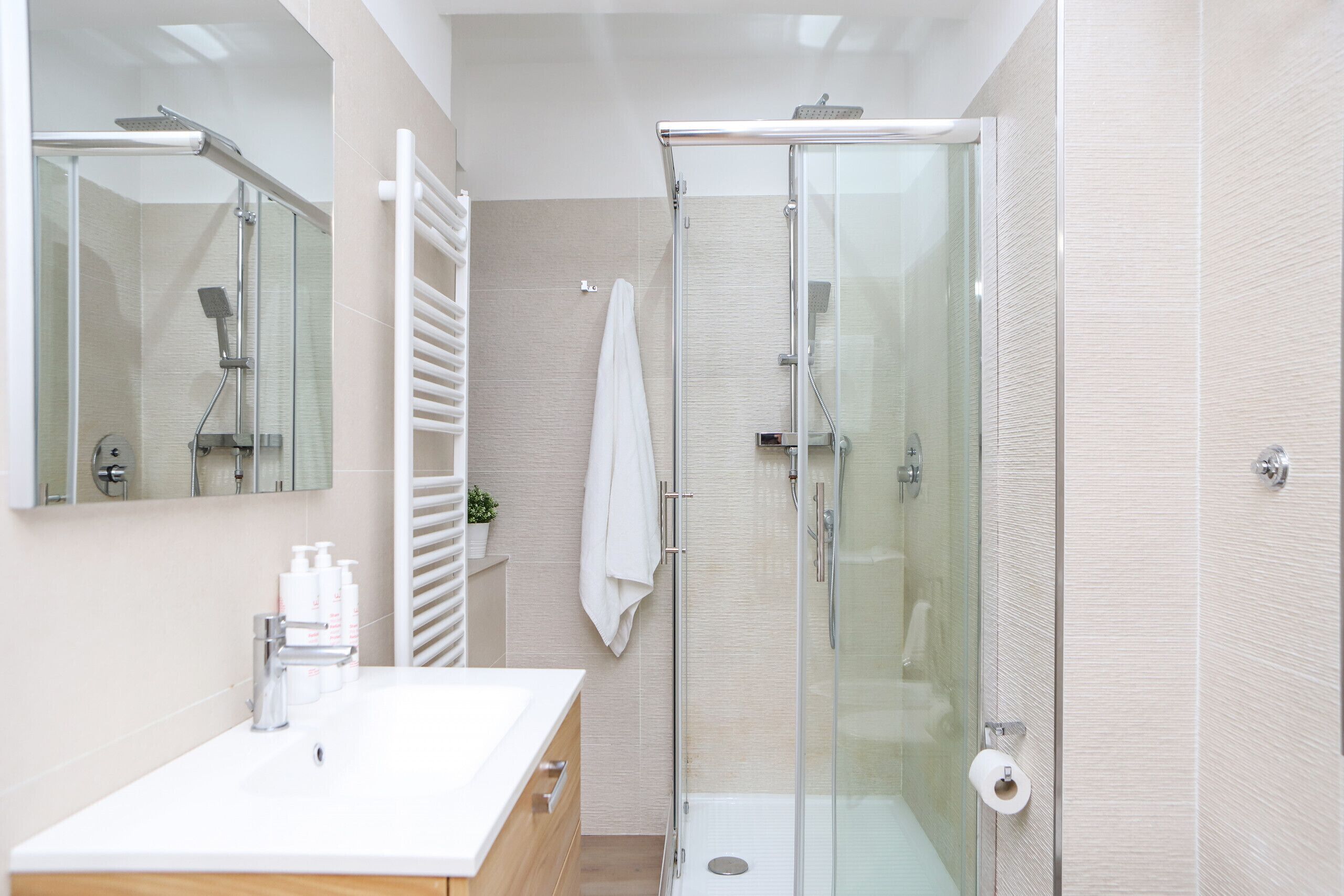 Shower, free toiletries, hair dryer, bidet