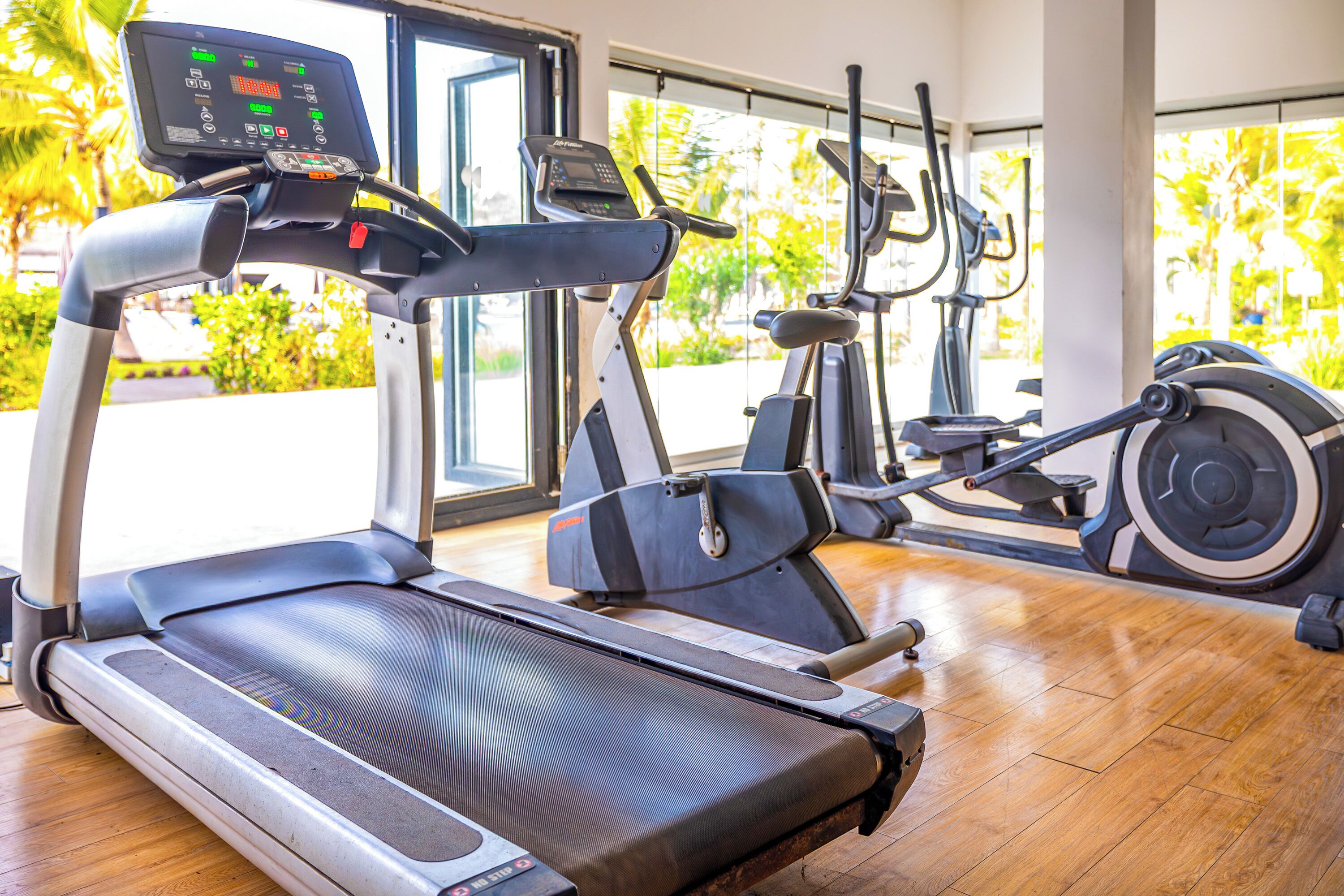 A gym with treadmills, ellipticals, and a cardio machine.