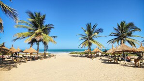 Una playa con sombrillas de paja, palmeras y sillas de descanso.