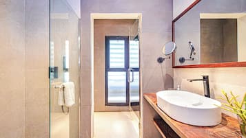 Regadera, secadora de cabello, toallas